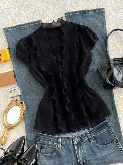 Ruffled V-Neck Blouse with Smocked Waist - Black - View 3