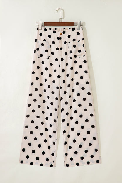 Sky Blue Polka Dot Print Patched Pocket Mid-rise Straight Leg Pants