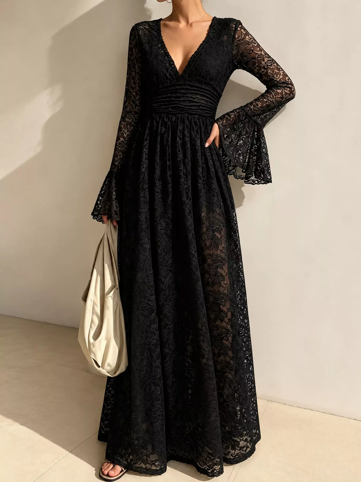 V-Neck Lace Flare Sleeve Maxi Dress - Black - View 2