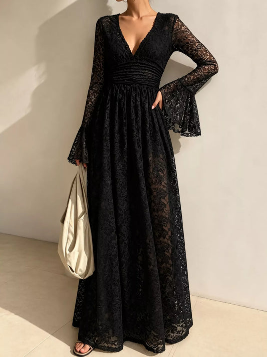 V-Neck Lace Flare Sleeve Maxi Dress - Black - View 2