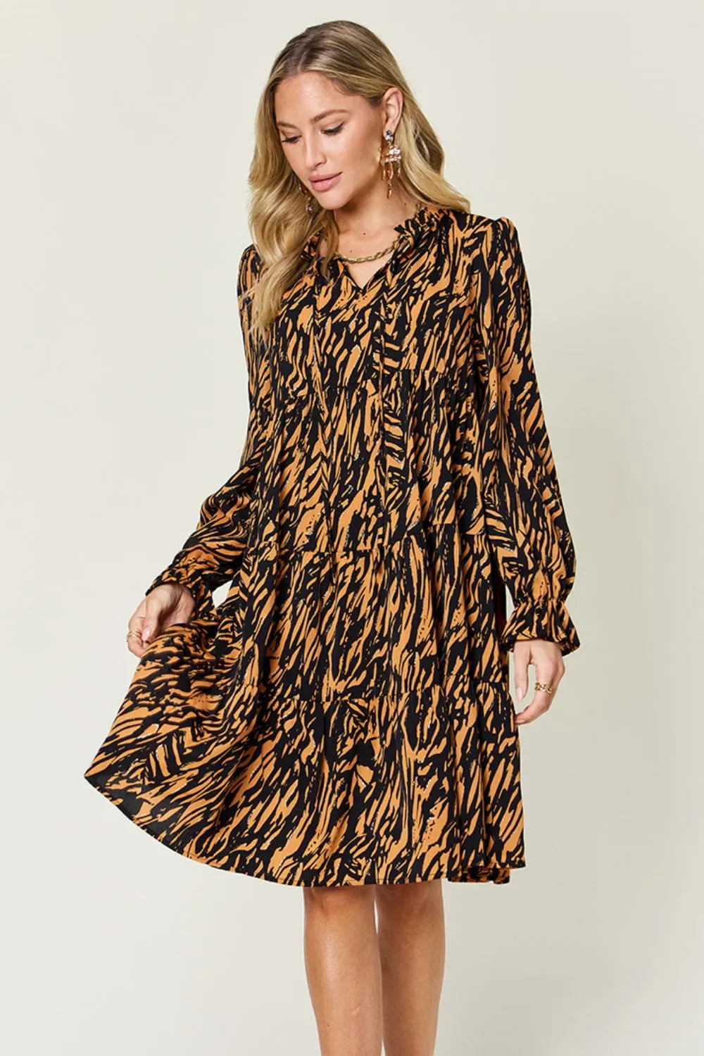 Double Take Full Size Printed Ruffle Hem Long Sleeve Dress Plus Size - Caramel - View 2