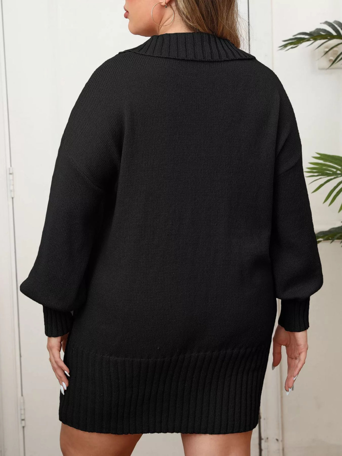 Plus Size Floral Applique Ribbed Hem Sweater Dress - Black - View 4