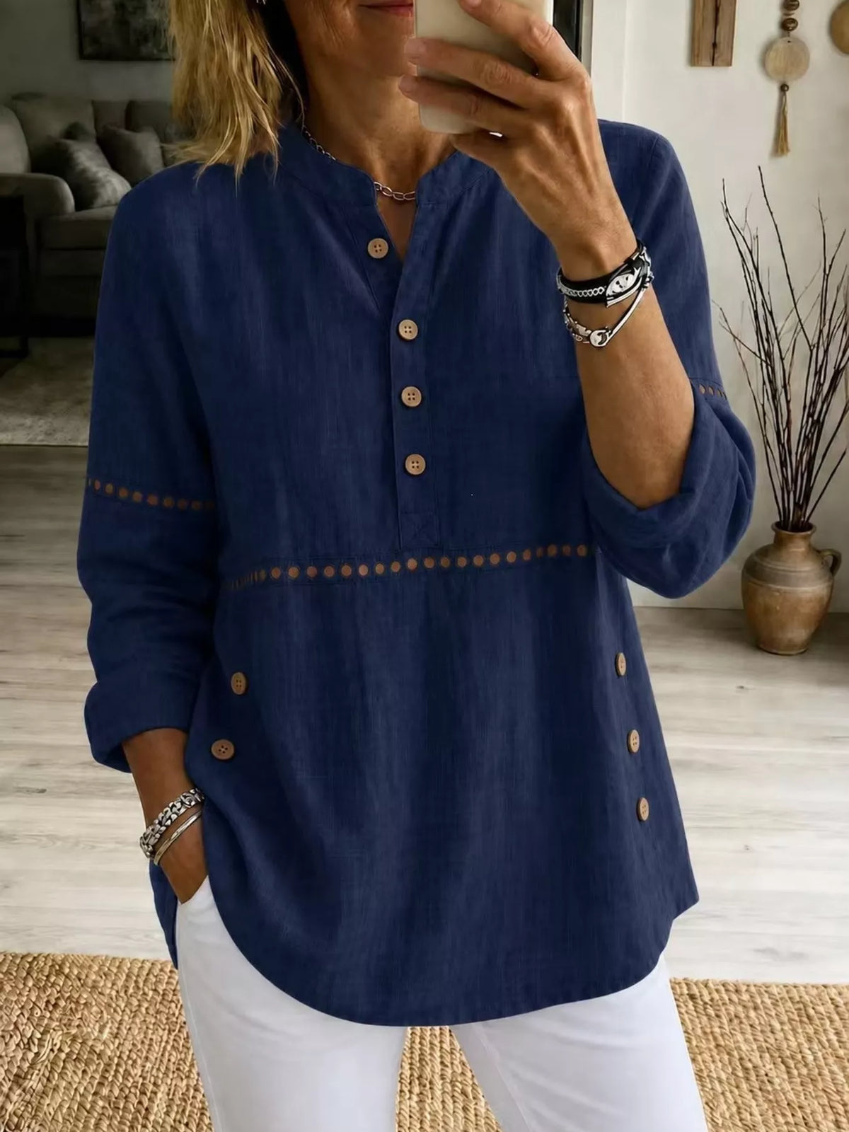 Full Size Button Detail Eyelet Long Sleeve Blouse Plus Size - Navy Blue - View 1