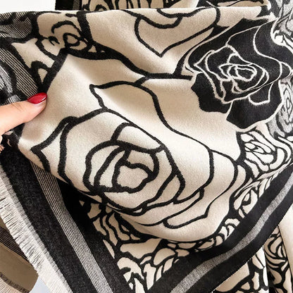 Rose Pattern Raw Hem Scarf - Black - View 4