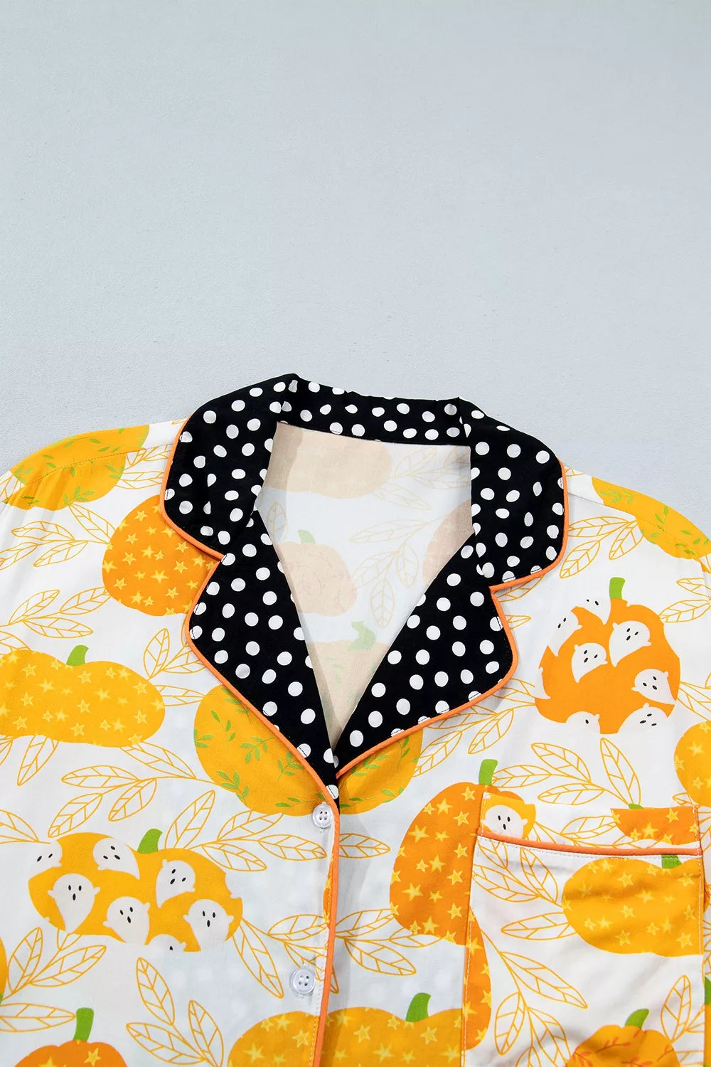 Short Sleeve Pumpkin Print Polka Dot Trim Pocket Placket Lounge Set - Sherbet - View 8