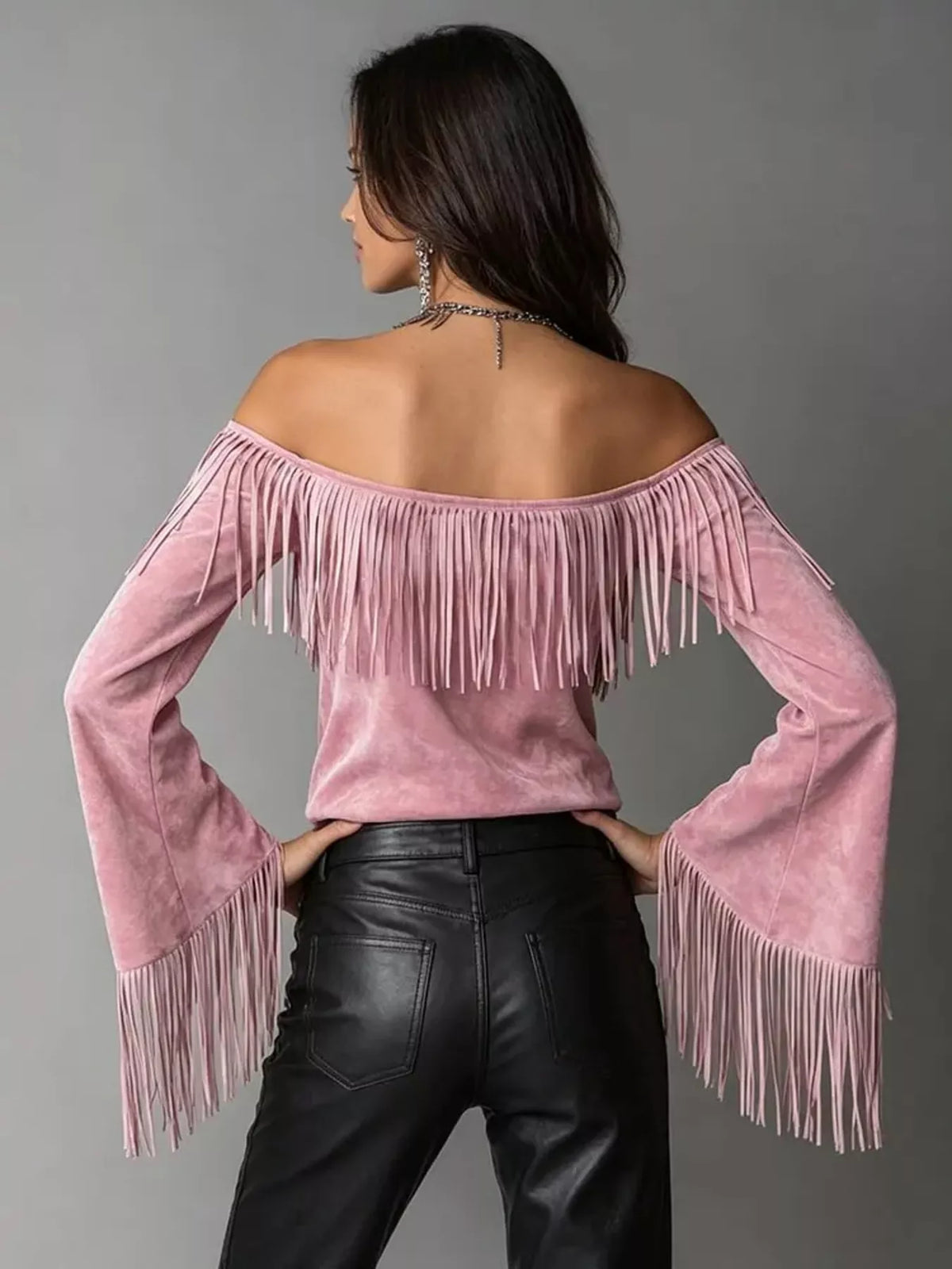 Full Size Fringed Off-Shoulder T-Shirt Plus Size - Pink - View 2