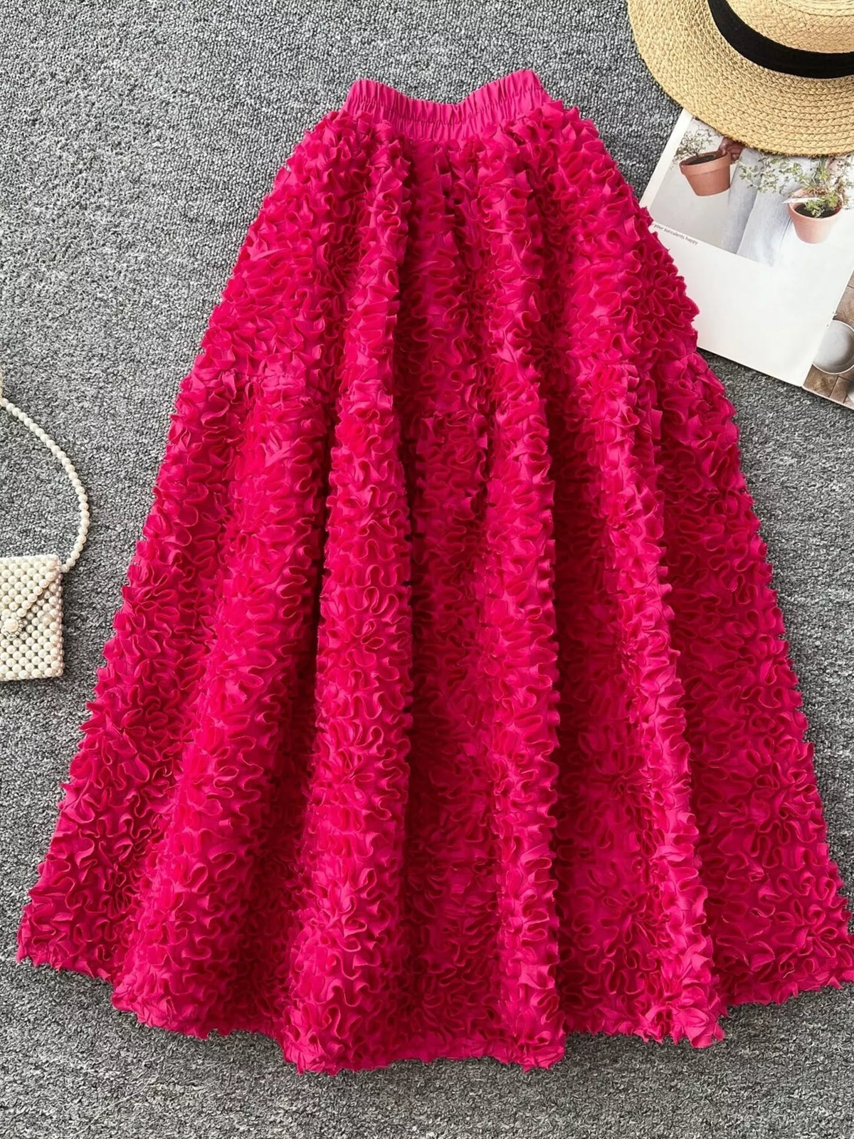 Elegant 3D Lace Trim High‑Waist A‑Line Midi Skirt - Rose Red - View 2