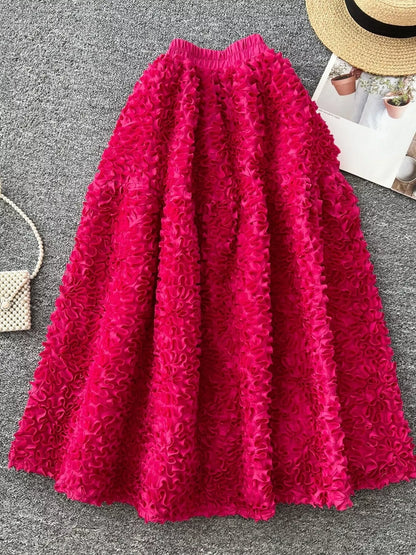 Elegant 3D Lace Trim High‑Waist A‑Line Midi Skirt - Rose Red - View 2