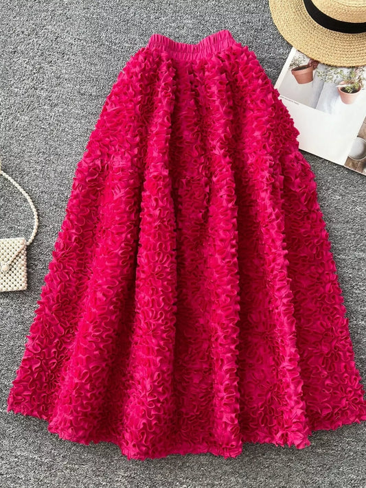 Elegant 3D Lace Trim High‑Waist A‑Line Midi Skirt - Rose Red - View 2