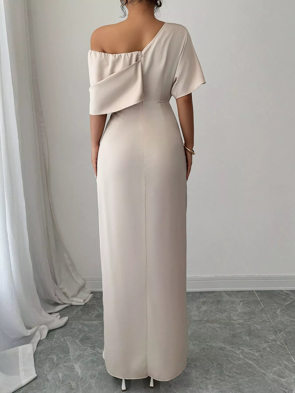 One-Shoulder Satin Maxi Dress - Champagne Color - View 5