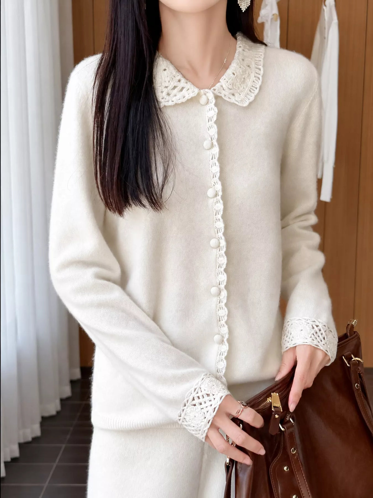 Lace-Collar Button Down Knit Cardigan - White - View 18