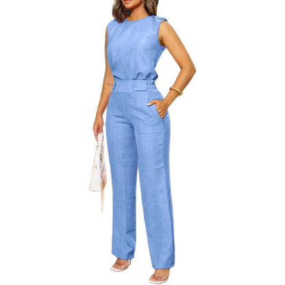 Elegant Sleeveless Vest with Pockets and Buttoned Pants Two-Piece Set for Women, Fashionable Casual Summer Outfit