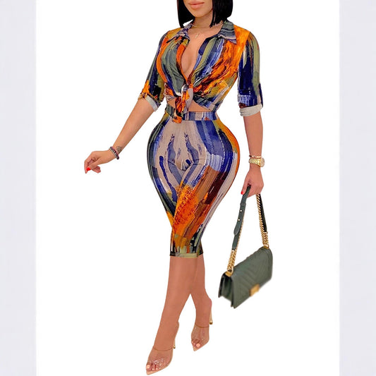 Casual Printed V-Neck Short Sleeve Shorts Set for Women