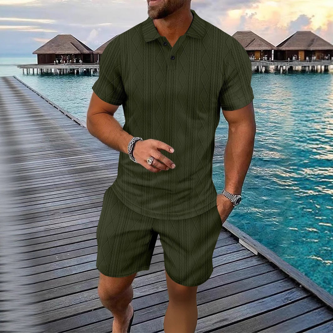 Collar men's short sleeved polo shirt jacquard casual versatile short sleeved shorts set