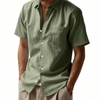Cotton Linen Short Sleeve Shirt for Men Turn-down Collar Casual PocketDress Shirt, Summer
