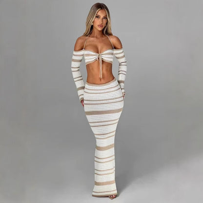 Women's Suit Summer Striped Long Sleeve Halter Top and Skirt Two-Piece Set
