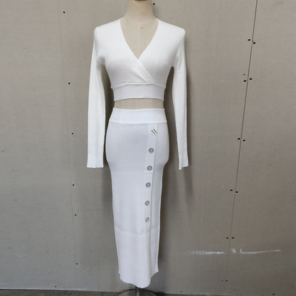Sexy Knitted Dress Set with Long Sleeve V-neck Waist and Exposed Umbilical Top+Button Split Skirt