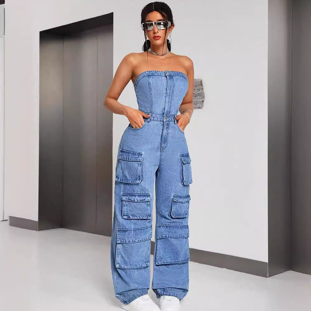 Women's Denim Jumpsuit Fashion Crop Top Multi-Pocket Utility Pants