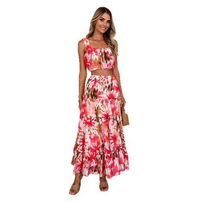Vintage Sleeveless Crop Top with Print High-Waisted Skirt Two-Piece Set for Women