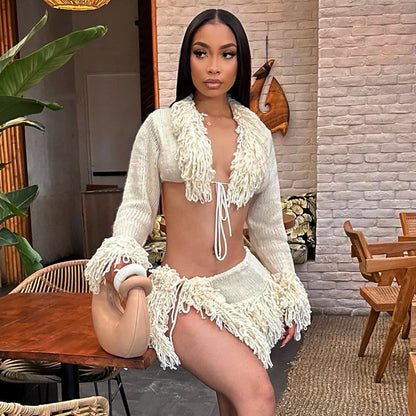 French Knit Tie-Up Cardigan Long Sleeve Top amp Fashion Sexy Mini Skirt Set