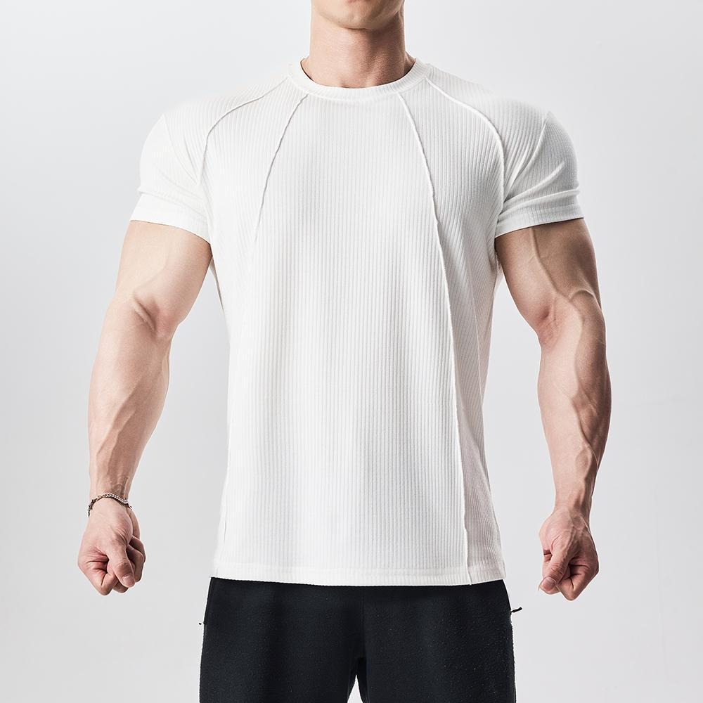 Custom Striped Panel Short Sleeve T-Shirt for Men, Sporty Casual Fitness Training Round Neck Solid Color Base Layer Clothing