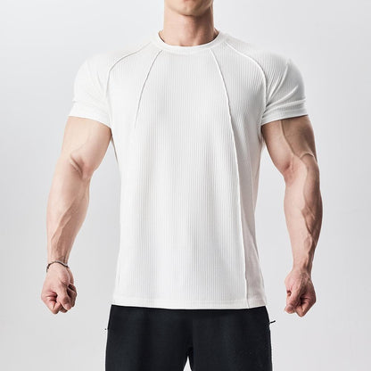 Custom Striped Panel Short Sleeve T-Shirt for Men, Sporty Casual Fitness Training Round Neck Solid Color Base Layer Clothing