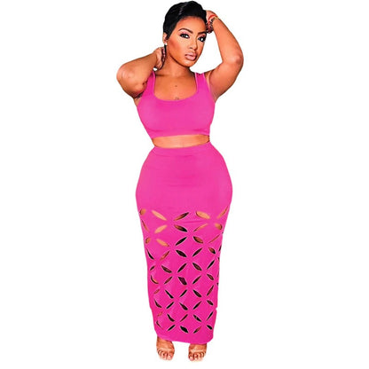 Summer European and American women's hollowed out sleeveless top slim fit sexy long skirt set