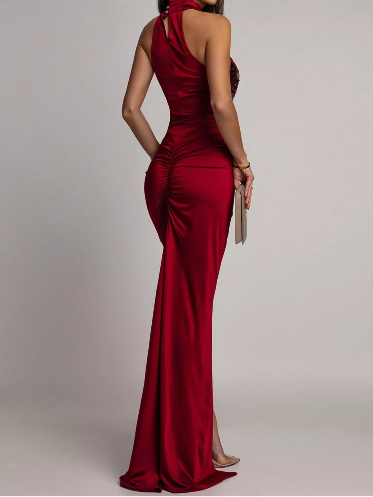 Sequin High Slit Sleeveless Maxi Dress - Burgundy - View 2