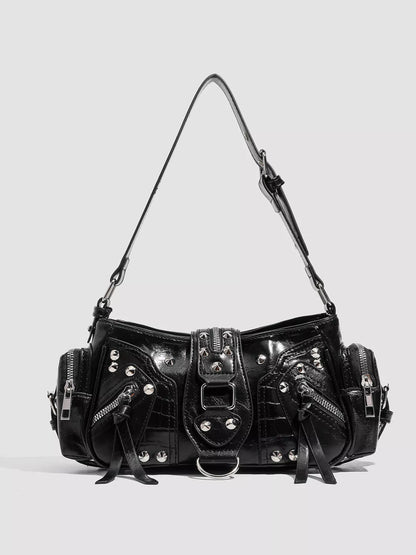 Rivet Embellished Shoulder Bag - Black - View 1