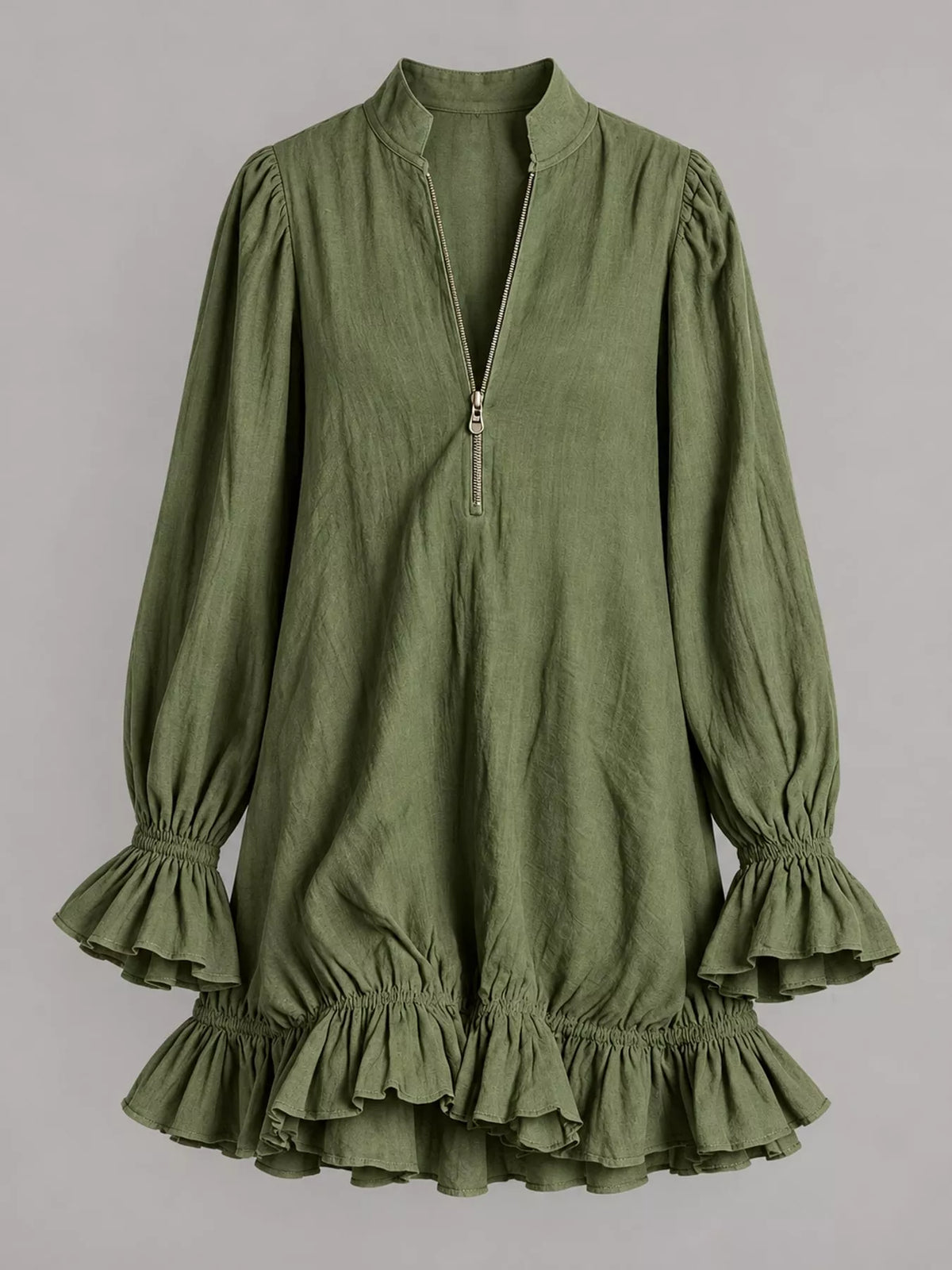 Zipper-Front Ruffle Hem Mini Dress - Army Green - View 14