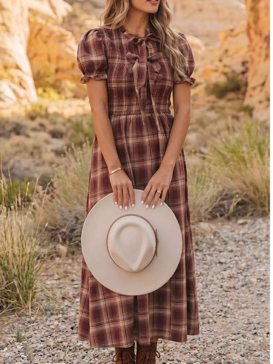 Plaid Knot Front Smocked High Waist Midi Dress - Rust - View 2