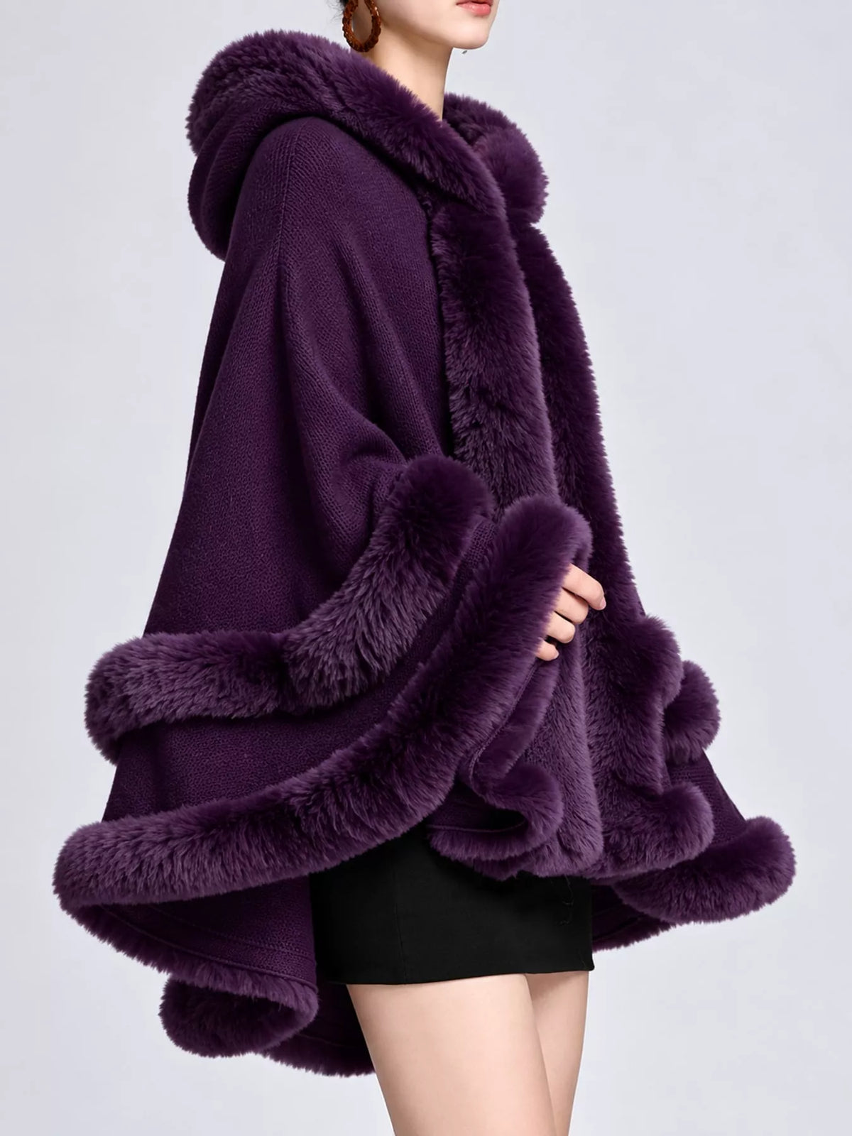 Faux Fur Trimmed Hooded Cape - Purple - View 35