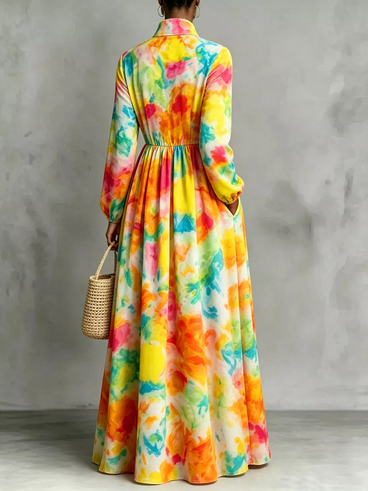 Watercolor Print Long-Sleeve Button-Down Maxi Dress - Multicolor - View 4