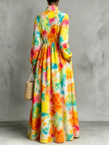 Watercolor Print Long-Sleeve Button-Down Maxi Dress - Multicolor - View 4