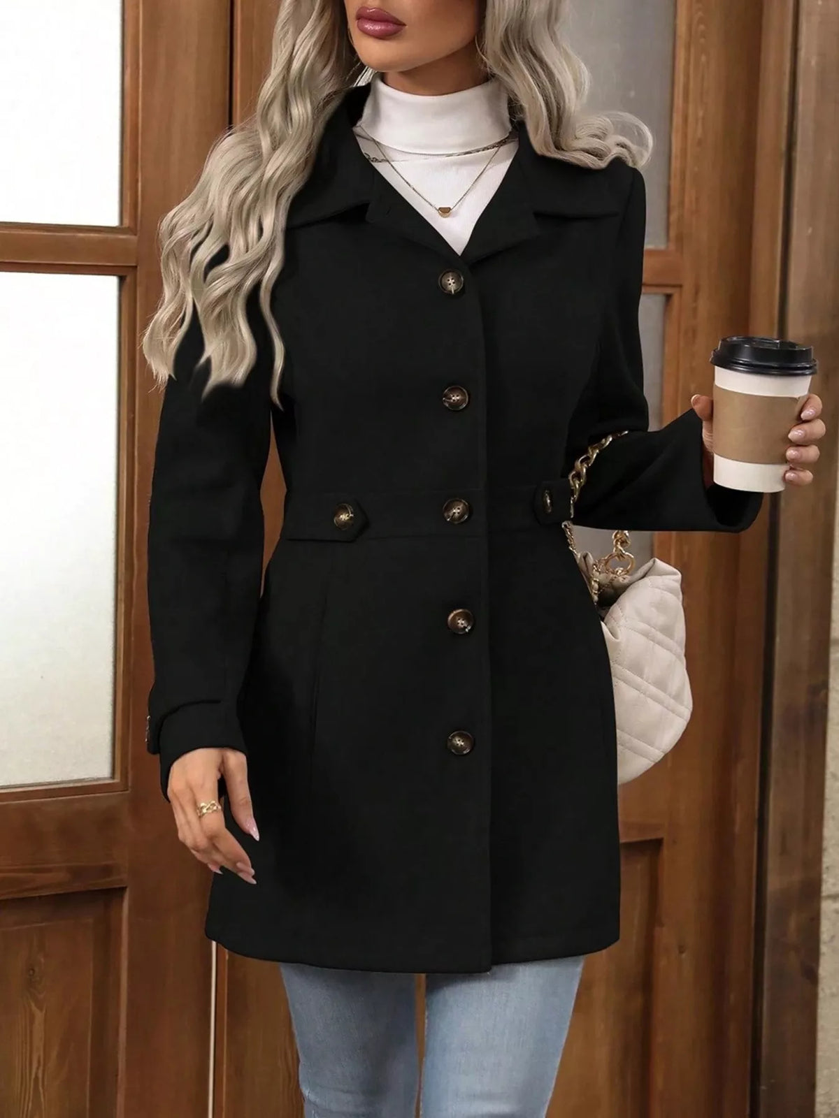 Single-Breasted Long Sleeve Coat - Black - View 2