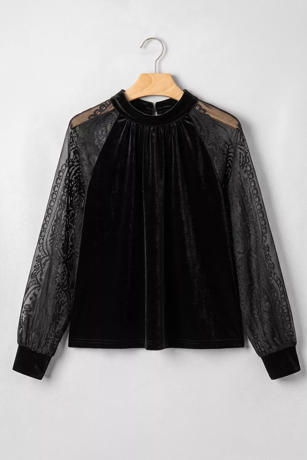 Solid Color Sheer Lace Long Sleeve Patchwork Stand Neck Velvet Blouse - Black - View 8