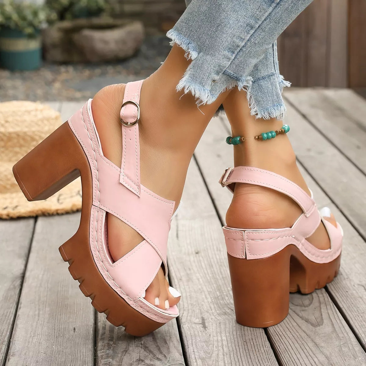 Open Toe Block Heels Sandals - Pink - View 5