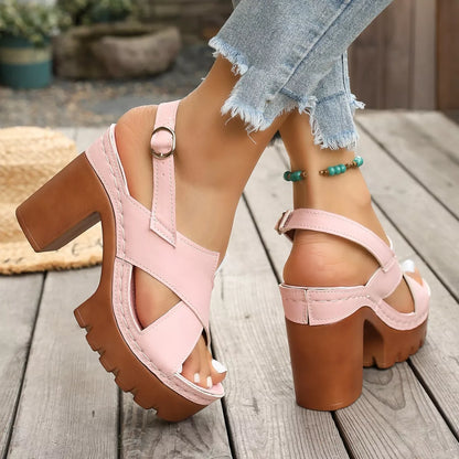 Open Toe Block Heels Sandals - Pink - View 5