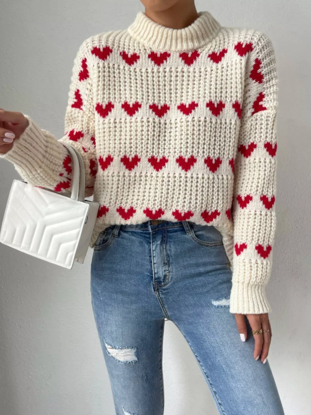 Heart Pattern Mock Neck Chunky Knit Sweater - Beige - View 4