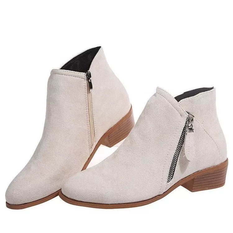 Round Toe Block Heels Boots - Off-white - View 1