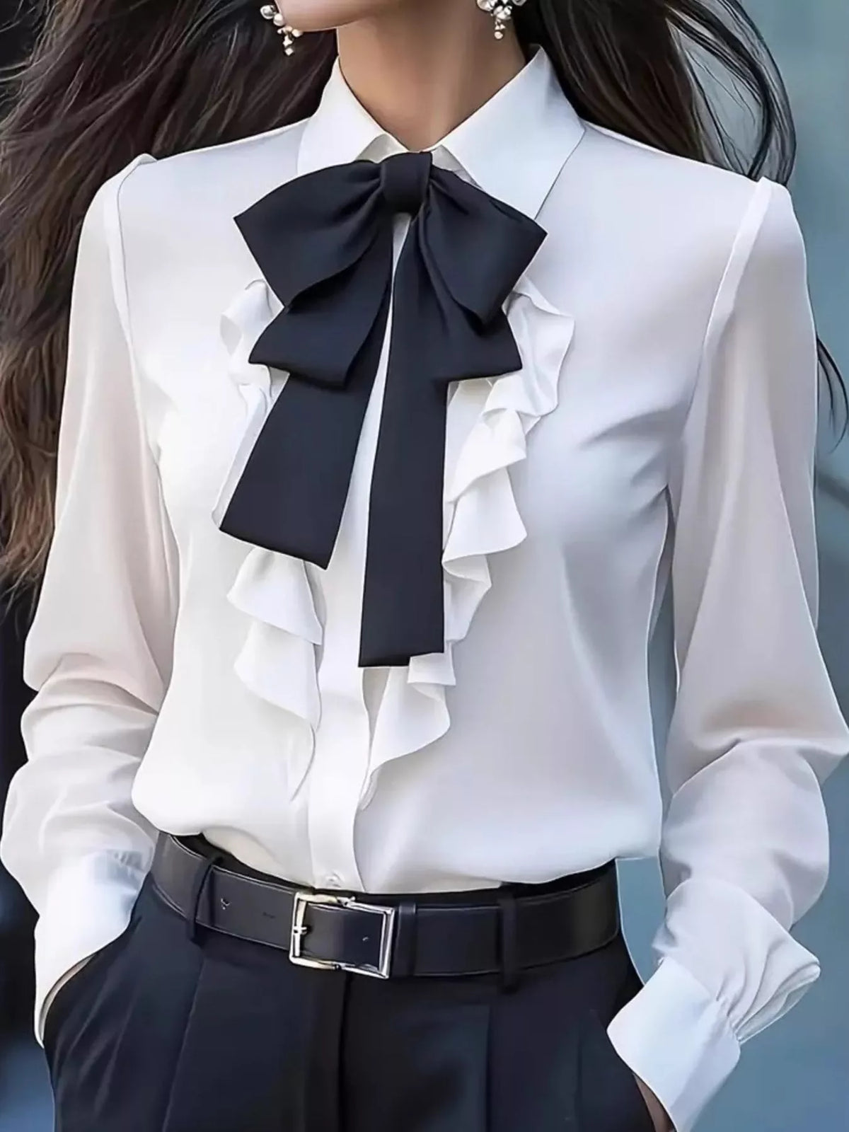 Ruffled Tie Front Long Sleeve Blouse - White - View 7