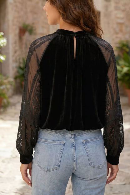 Solid Color Sheer Lace Long Sleeve Patchwork Stand Neck Velvet Blouse - Black - View 5