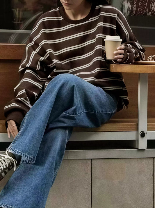 Striped Long-Sleeve Crew Neck T-Shirt - White Stripes - View 2