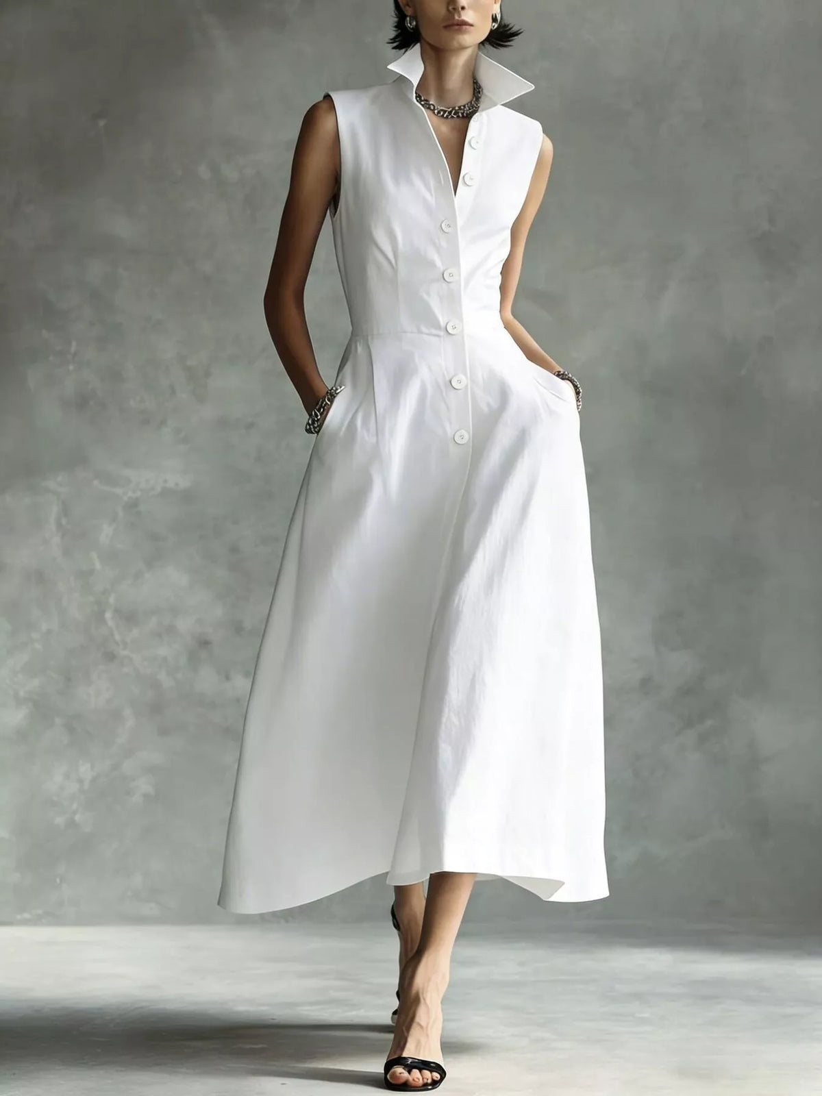 Sleeveless Button-Down Midi Shirt Dress - White - View 5