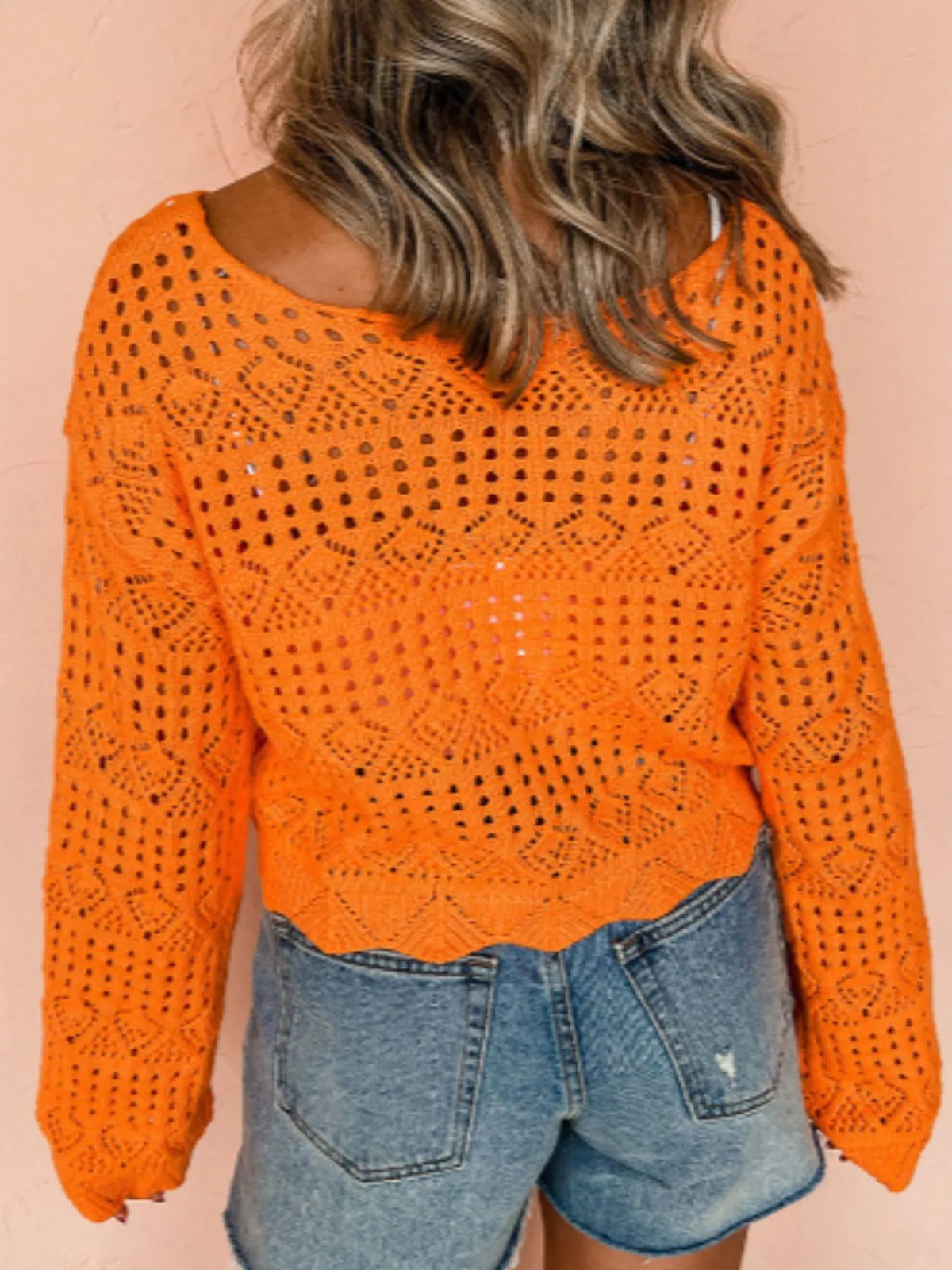 Crochet Boat Neck Knit Cover Up - Orange - View 3