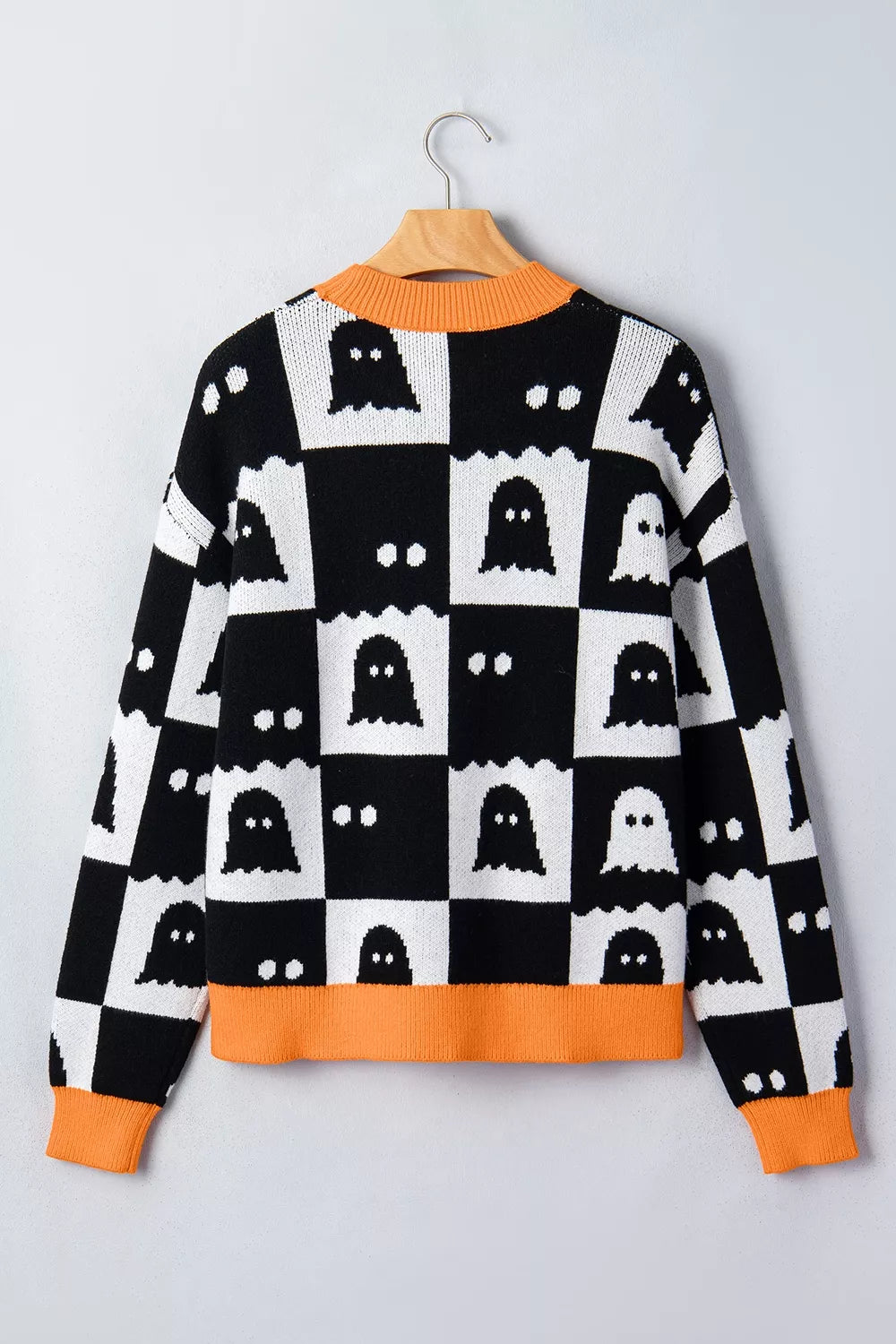 Halloween Ghost Pattern Checkerboard Sweater - Black - View 8
