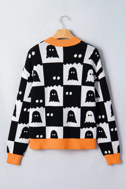 Halloween Ghost Pattern Checkerboard Sweater - Black - View 8