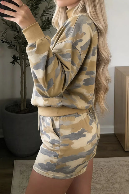 Camouflage Print Long Sleeve Top Drawstring Shorts Set - All Colors - View 2