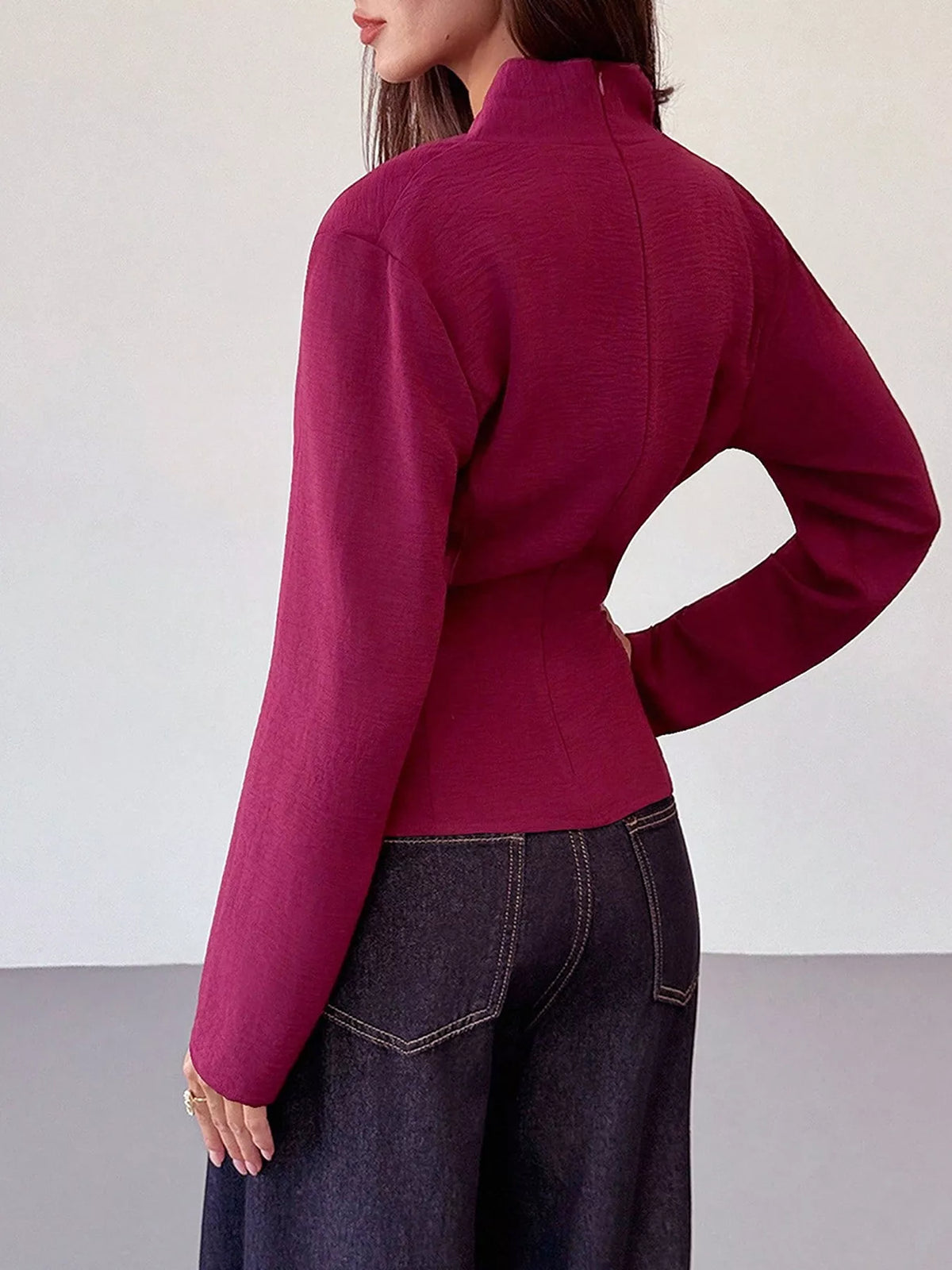 Wrap-Front Long Sleeve Blouse - Cerise - View 6
