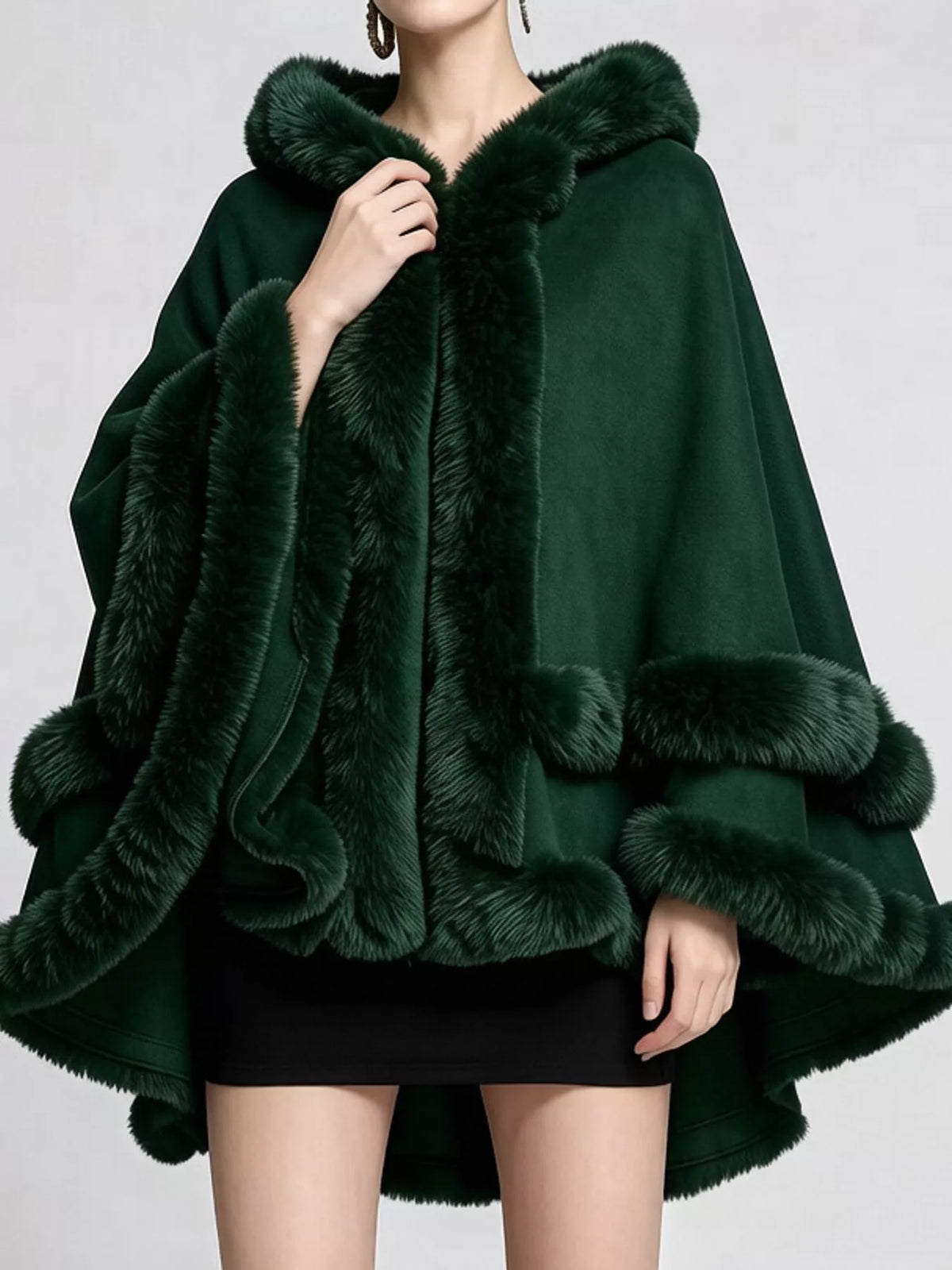 Faux Fur Trimmed Hooded Cape - Dark Green - View 39